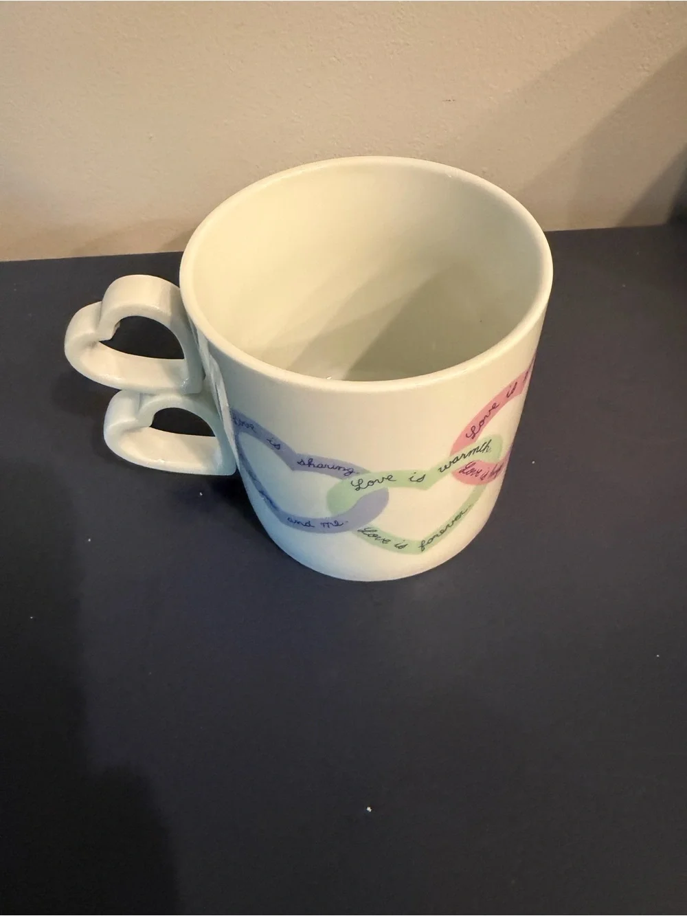 Avon “Love Is Sayings” Coffee Mug Double Heart Shaped Handle Valentines Day Cup